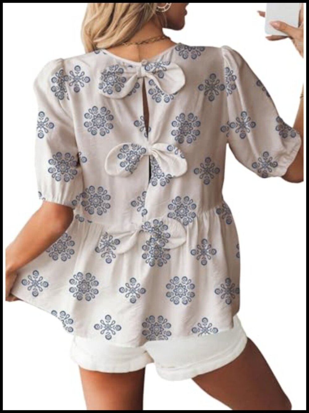 Babydoll Peplum Blouse Boho Puff Sleeve Bowknot Back Viscose Blend Women's